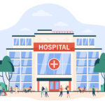 People walking and sitting at hospital building. City clinic glass exterior. Flat vector illustration for medical help, emergency, architecture, healthcare concept