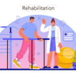 Physiotherapy concept set. Doctor helping patients during physio therapy and rehabilitation. Physiotherapy treatment for people with physical disabilities. Flat vector illustration