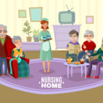 Nursing old people home with tea and newspaper flat vector illustration